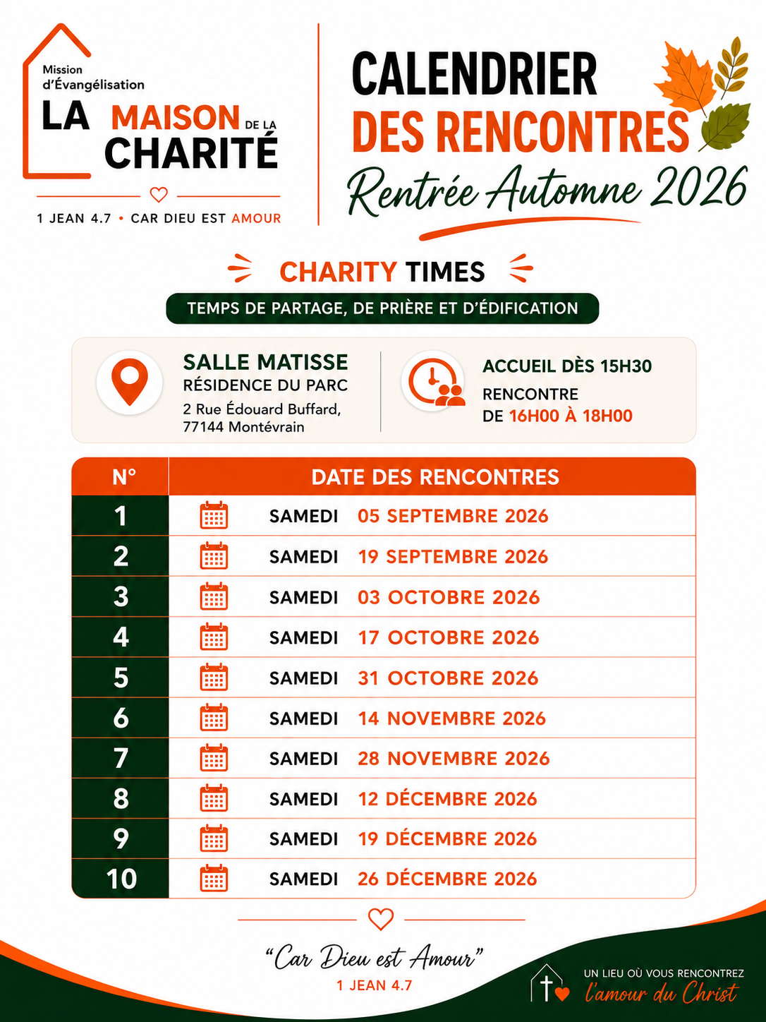 Calendrier des rencontres Charity Times — rentrée automne 2026